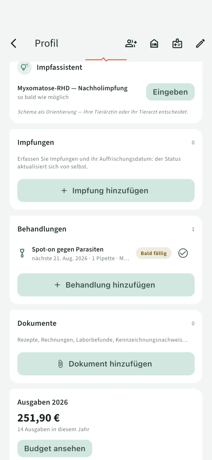 Auf Pralines Profil empfiehlt der Impfassistent die Auffrischung Myxomatose-RHD mit Datum