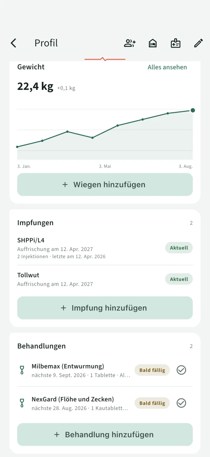 Die Gewichtskurve über acht Monate, 22,4 kg, und die Impfungen CHPPiL2 und Tollwut, als aktuell bis 2027 markiert