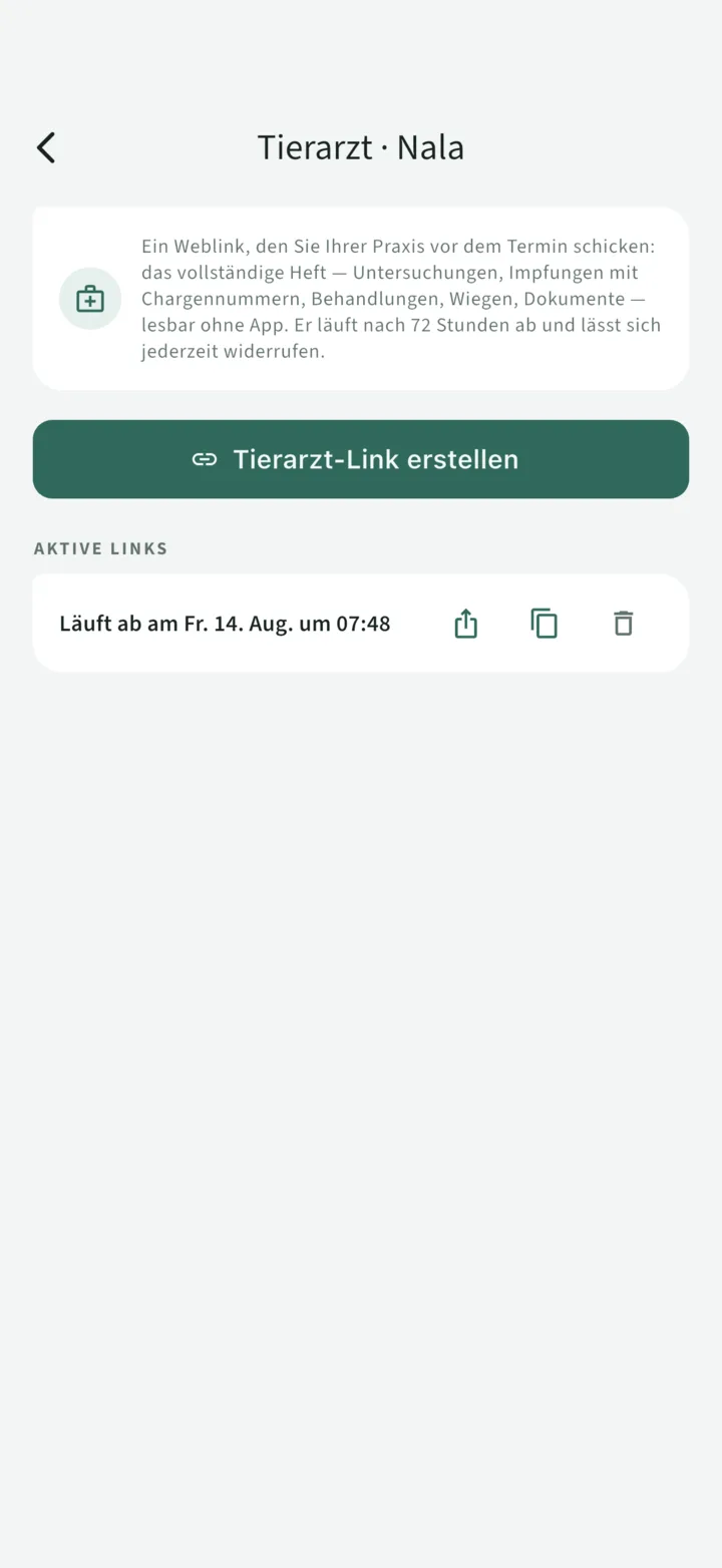 Die Freigabe für die Praxis: ein aktiver Link, der in 72 Stunden abläuft, kopierbar und widerrufbar