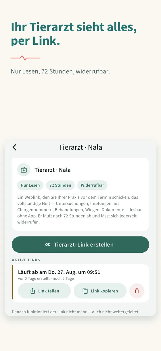 Tafel 7 — Ihr Tierarzt sieht alles, per Link.