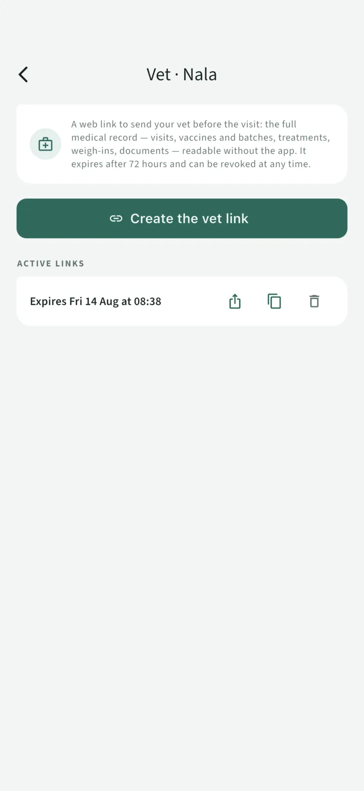 Vet sharing: an active link expiring in 72 hours, copyable and revocable