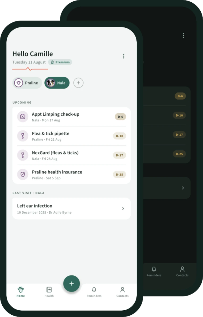 The AnimaPulse home screen in light and dark mode, overlaid: status chips for Nala and Praline, upcoming due dates with custom icons, paw-shaped navigation bar