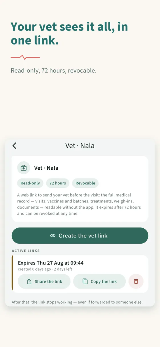 Panel 7 — Your vet sees it all, in one link.