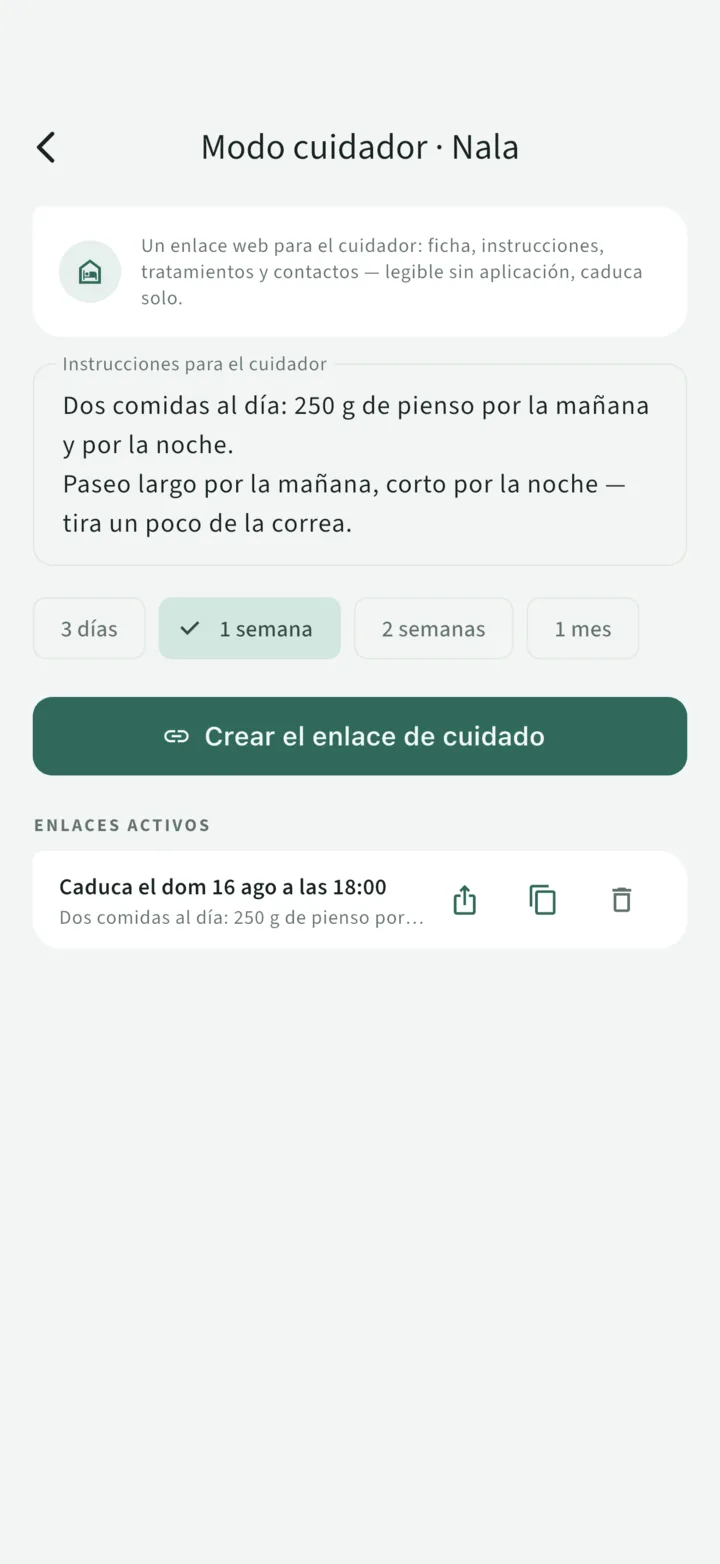 El modo cuidador: un enlace activo para la cuidadora con las instrucciones — comidas, paseos, tratamiento ya administrado