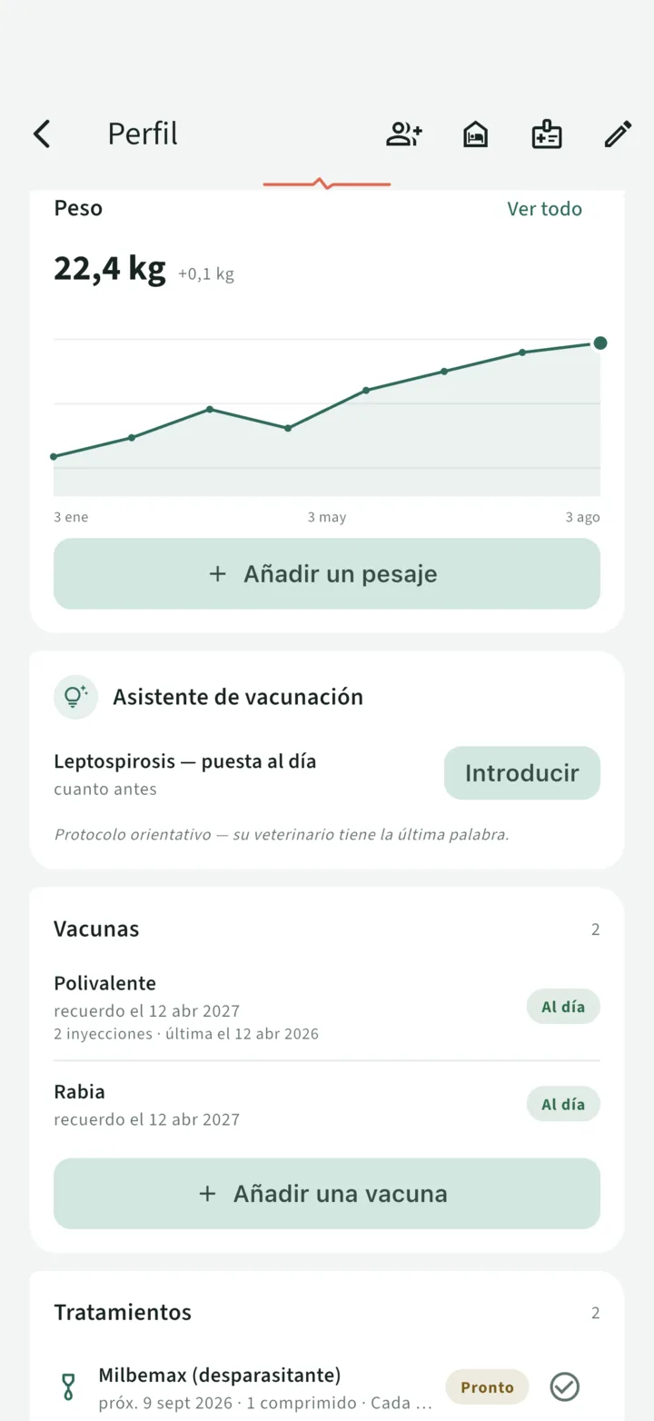 La curva de peso a lo largo de ocho meses, 22,4 kg, y las vacunas CHPPiL2 y rabia marcadas al día hasta 2027