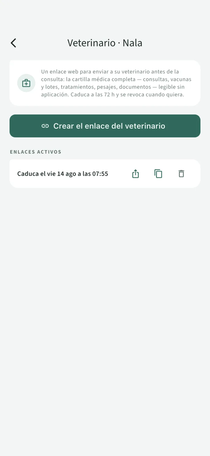 El acceso veterinario: un enlace activo que caduca en 72 horas, copiable y revocable