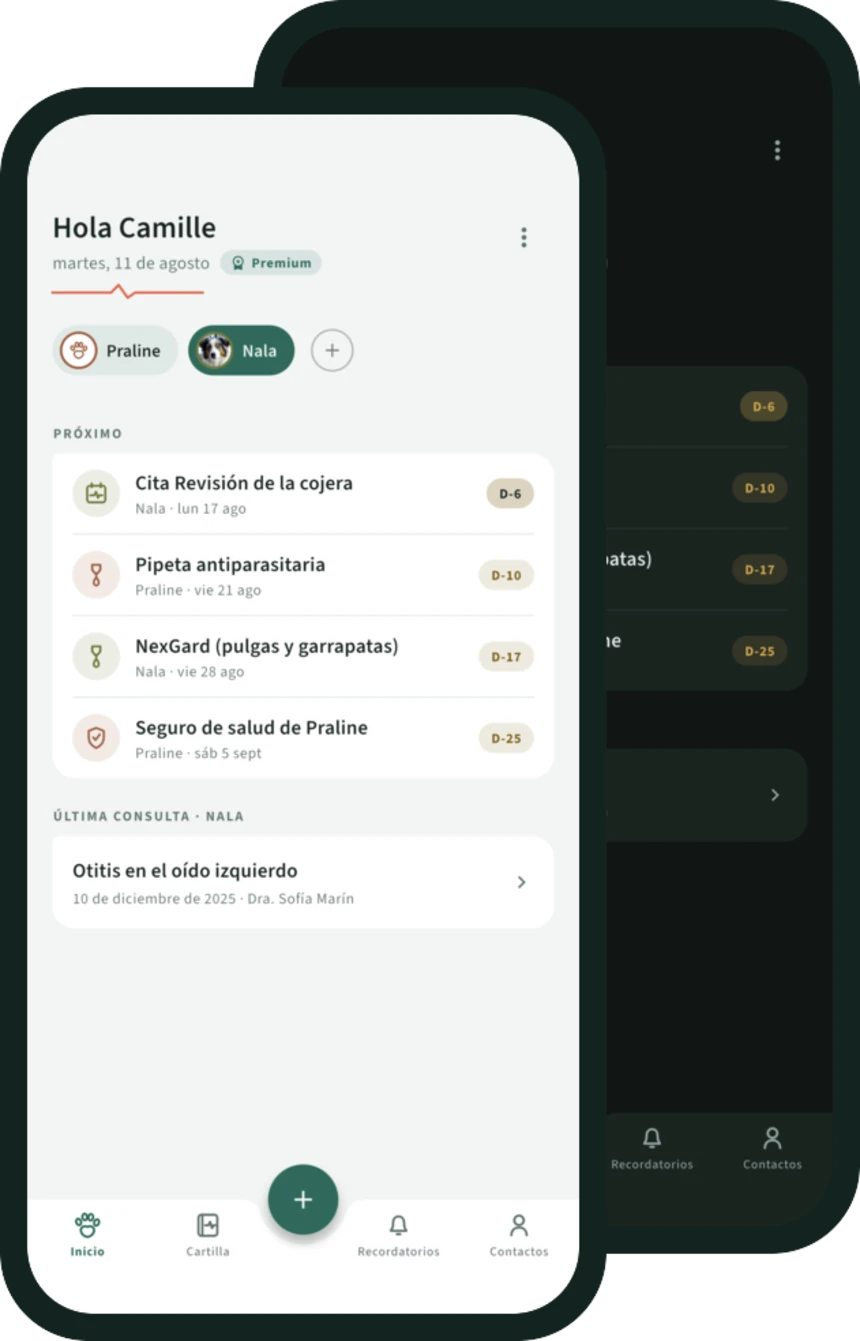 La pantalla de inicio de AnimaPulse en modo claro y oscuro, superpuestas: indicadores de estado de Nala y Praline, vencimientos próximos con sus iconos propios, barra de navegación en forma de huella
