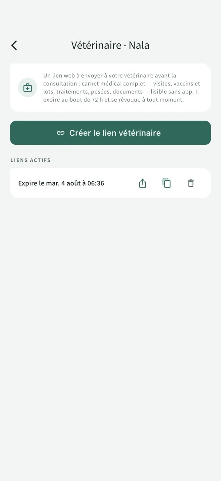 Le partage vétérinaire : un lien actif qui expire dans 72 heures, copiable et révocable