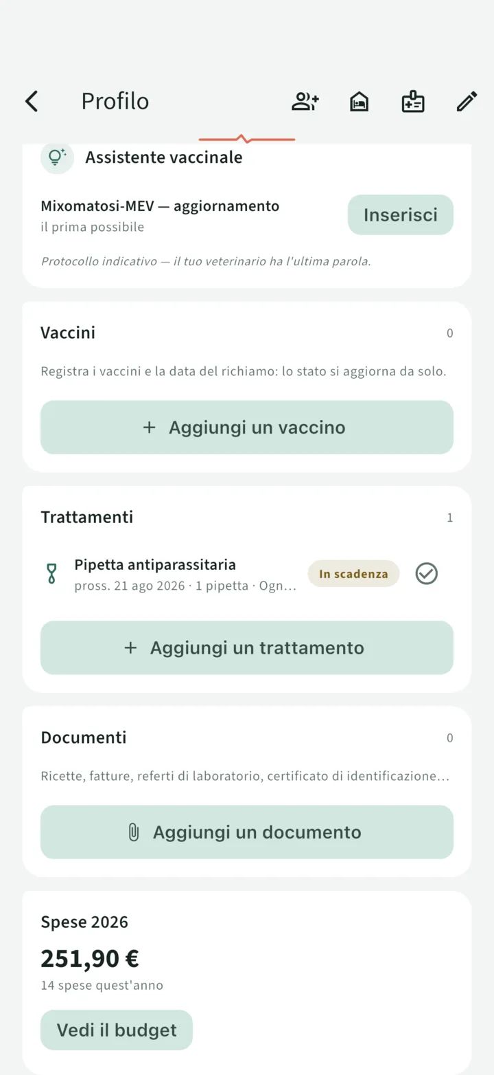 Sulla scheda di Praline, coniglia, l'assistente consiglia il richiamo mixomatosi-MEV con la sua data