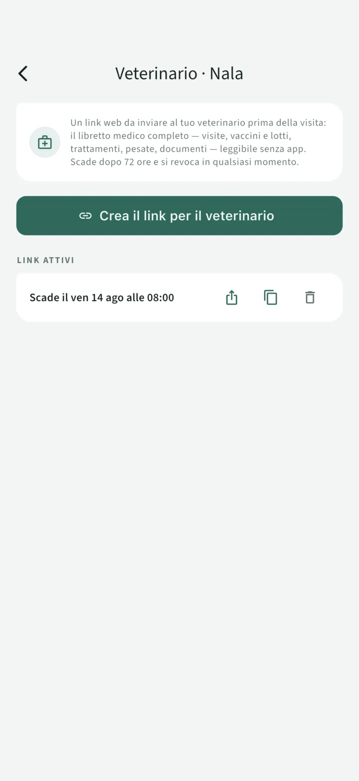 La condivisione col veterinario: un link attivo che scade tra 72 ore, copiabile e revocabile