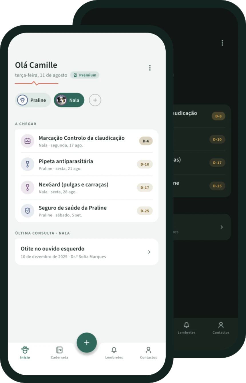 O ecrã inicial do AnimaPulse em modo claro e escuro, sobrepostos: indicadores de estado da Nala e da Praline, prazos próximos com os seus ícones, barra de navegação em forma de pata